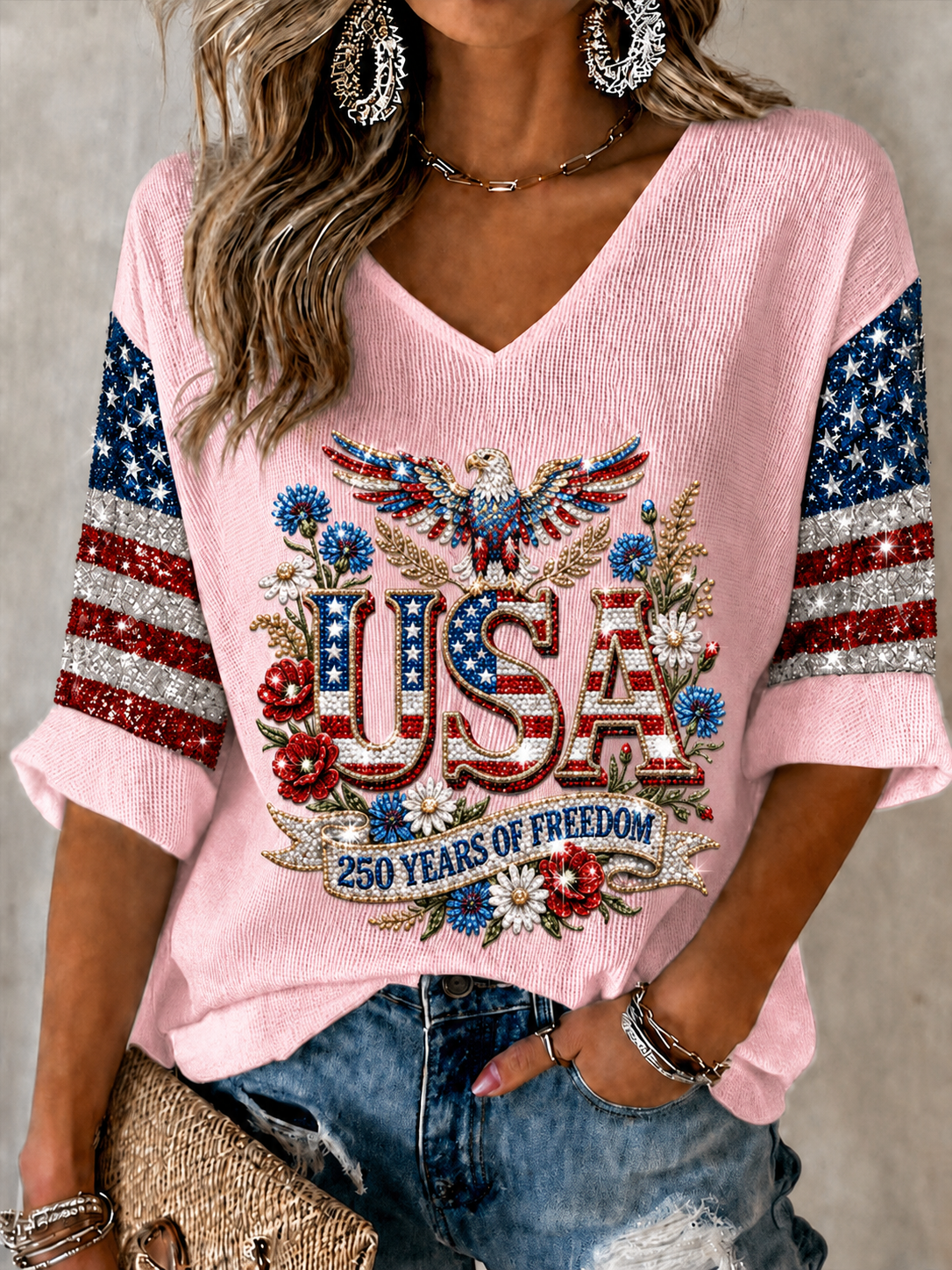 Women'S Retro Independence Day Art Printed Casual T-Shirt