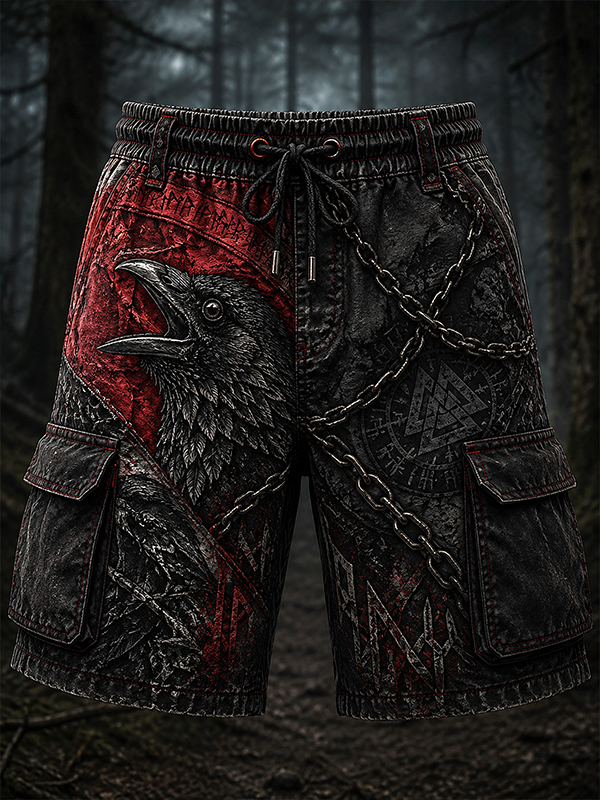 Men's Viking Crow and Chain Print Drawstring Cargo Shorts