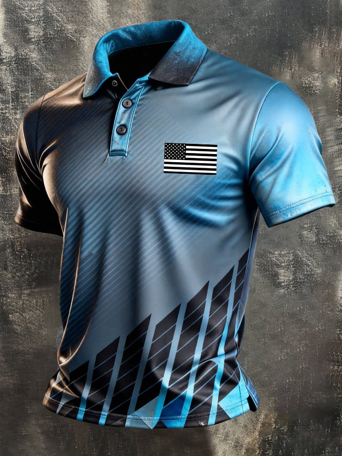 Men's Retro Patriotic Color-Block Short-Sleeve Polo Shirt