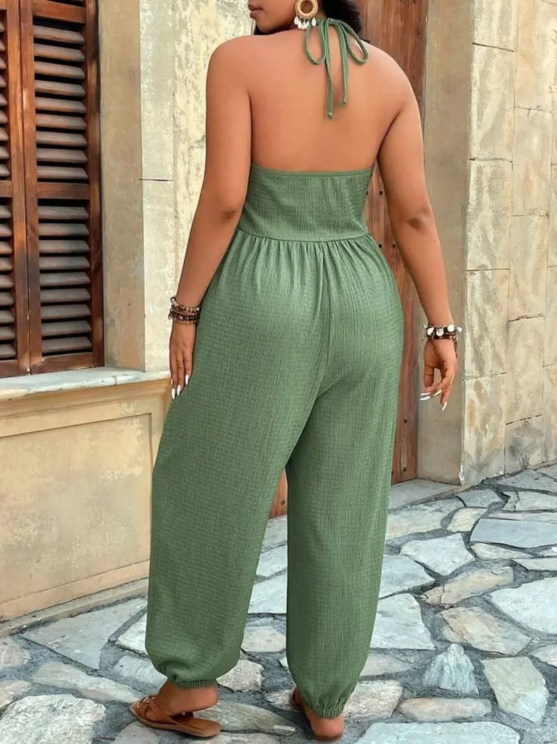 Solid Color Pocket Open Back Jumpsuit, Casual Sleeveless Jumpsuit for Daily Wear