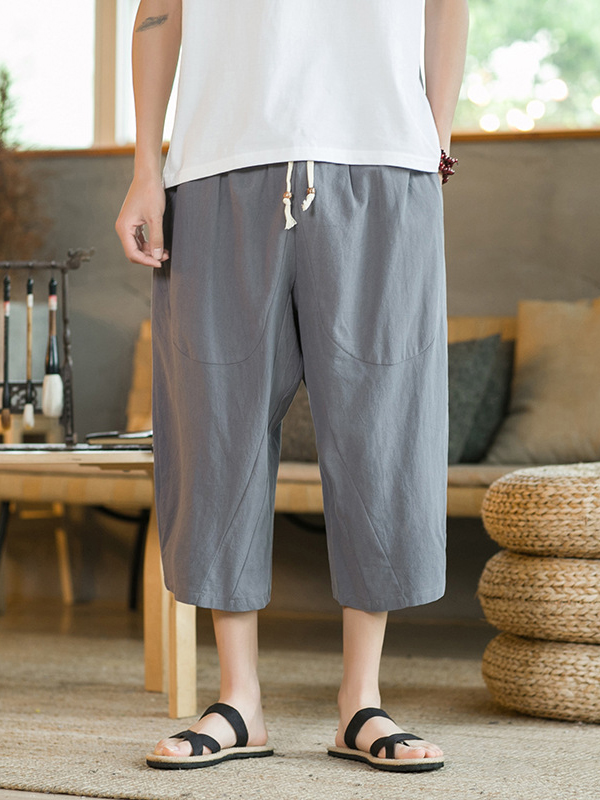 Men's Casual Linen Loose Fit Elastic Waist Wide Leg Harem Capri Pants