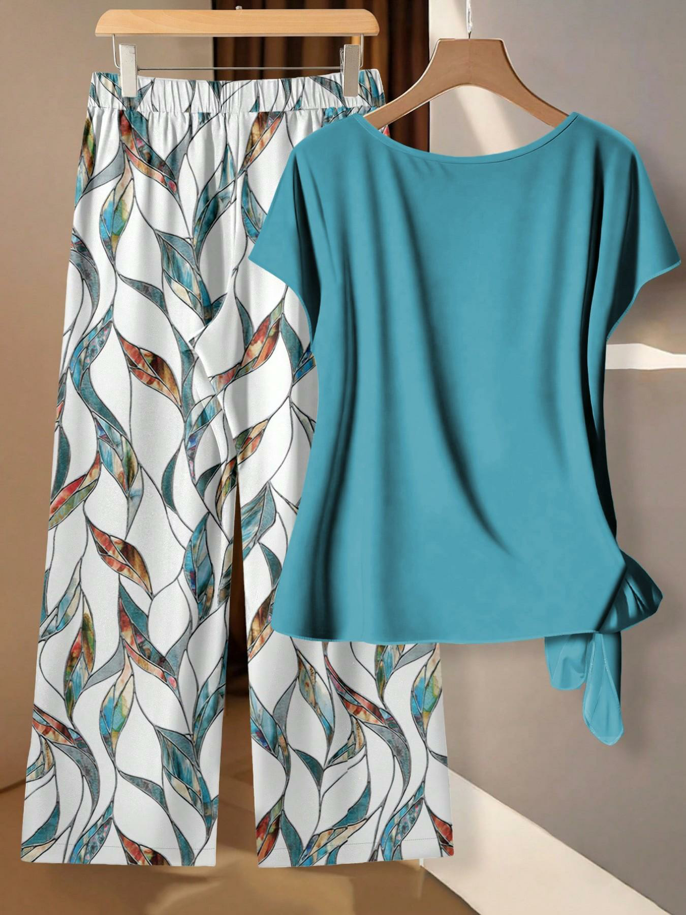 Women's Casual Printed Necktie Shirt and Loose Straight Pants Set