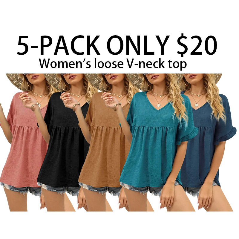 Womens Tops Casual V Neck Ruffle Sleeve T Shirts Babydoll Loose Fit Peplum Tops