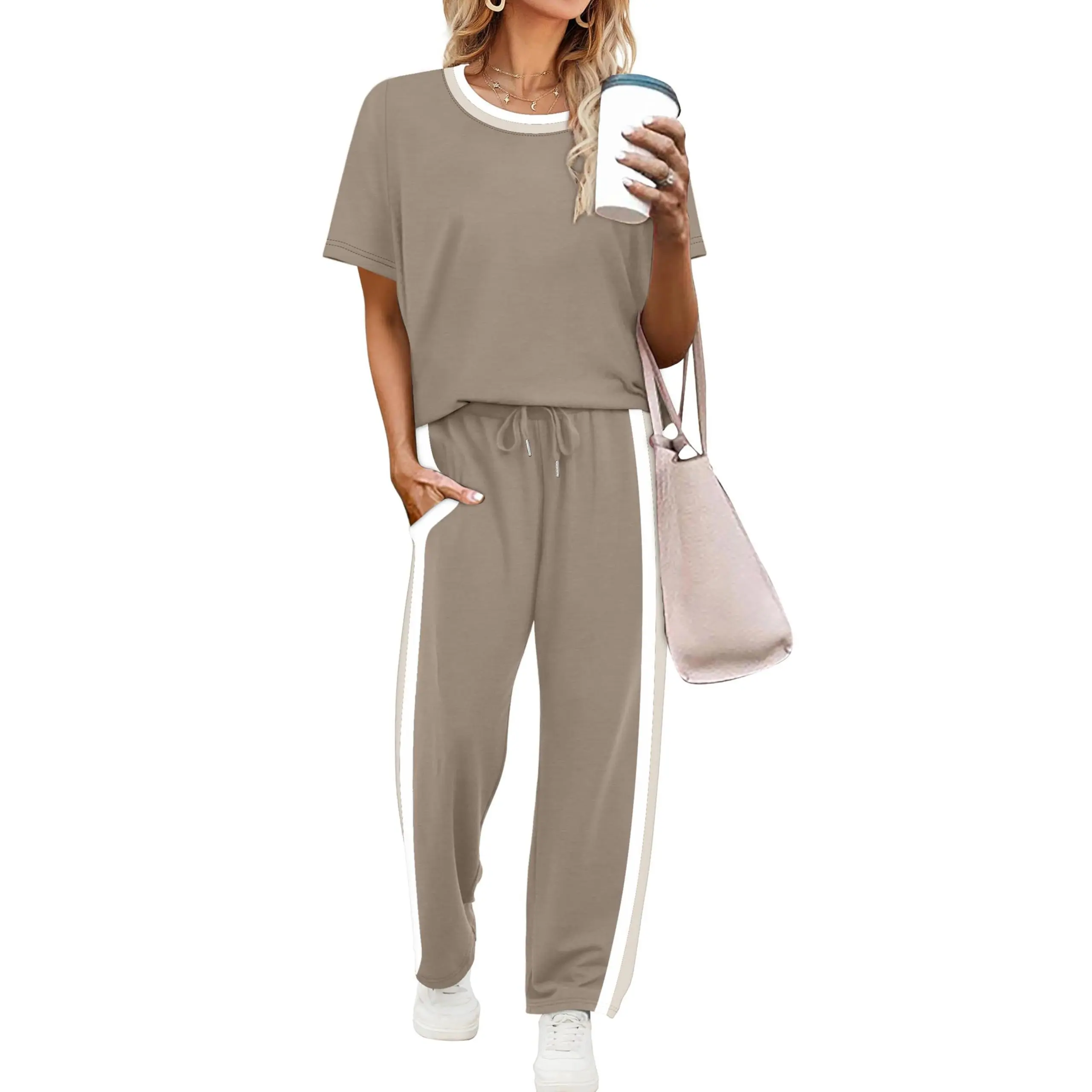 2 Piece Lounge Sets for Women Matching Set Summer Outfits Short Sleeve Tops Wide Leg Pants with Pockets
