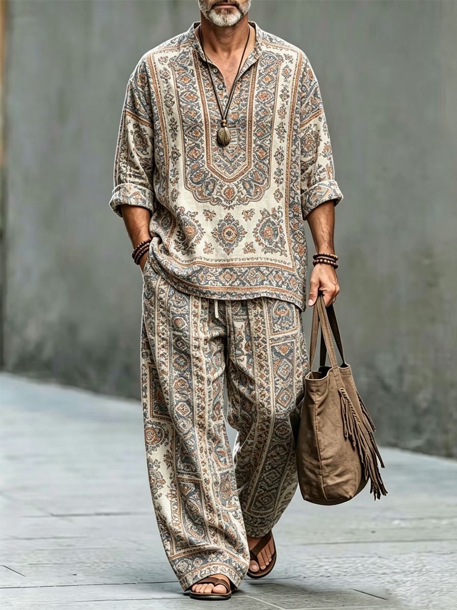 Men's Vintage Bohemian Print Casual Vacation Set