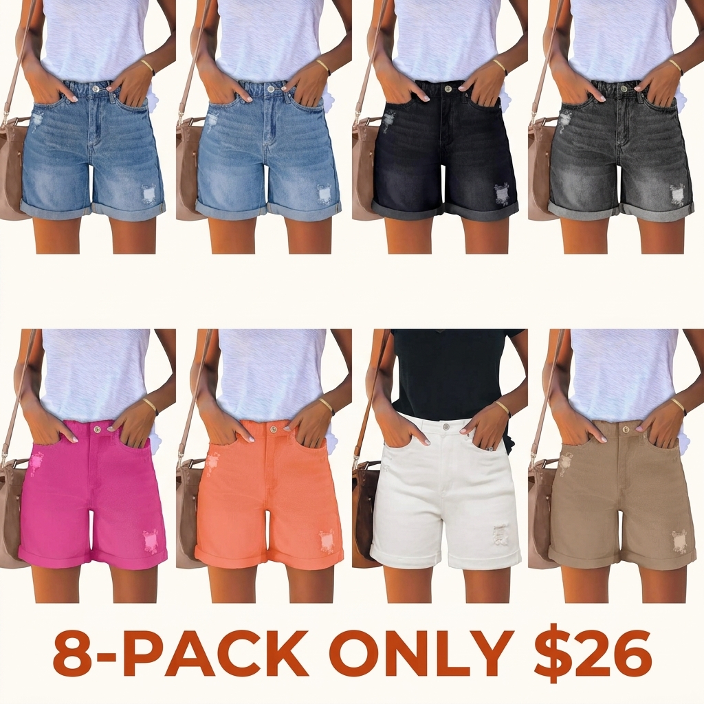 Women's Casual Distressed Denim Shorts – High-Waisted, Vintage-Wash, Cuffed Design