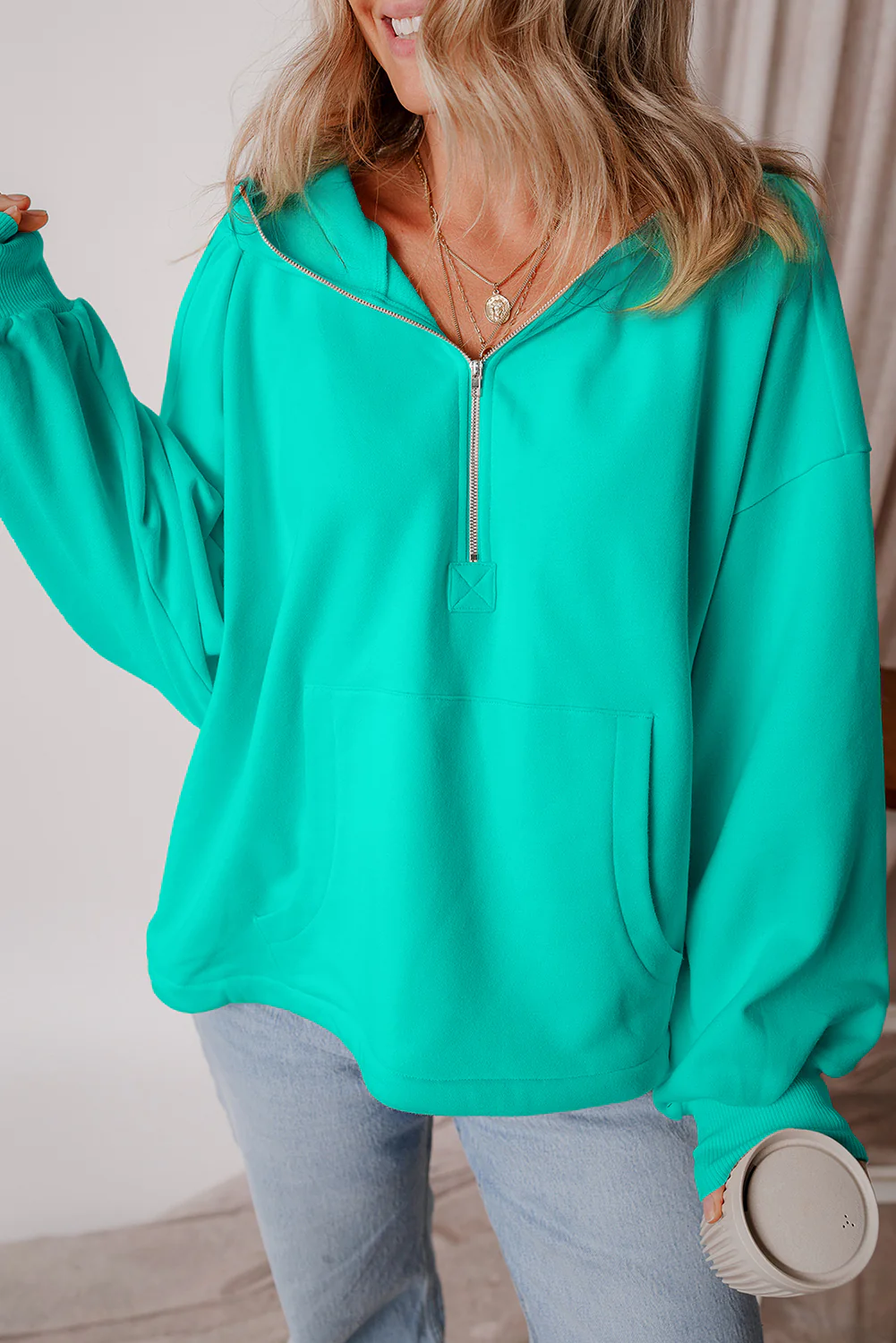Light Grey Fleece Lined Half Zipper Kangaroo Pockets Loose Hoodie