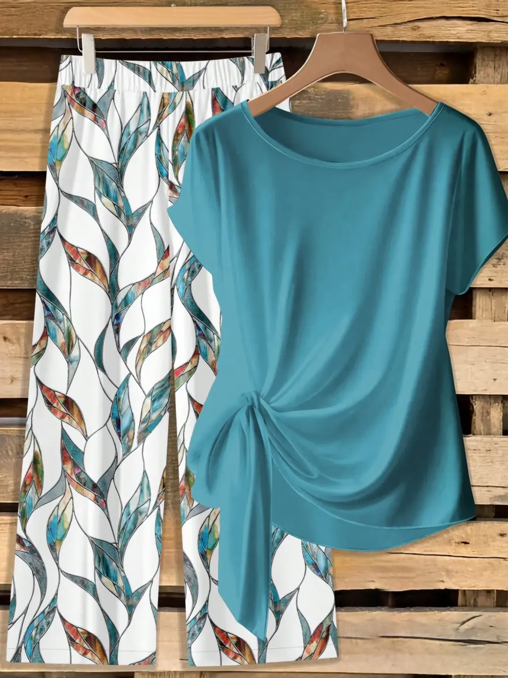 Women's Casual Printed Necktie Shirt and Loose Straight Pants Set