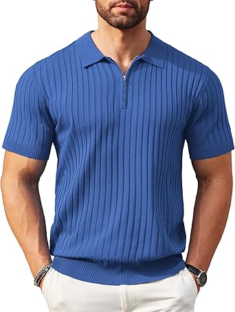 Men's Zipper Polo Shirts Short Sleeve Ribbed Knit Polo T Shirts