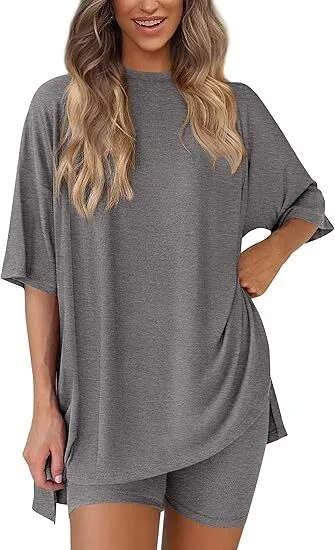🔥Women's Two Piece Lounge Set 2026 Summer Casual Oversized Shirts Biker Shorts Matching Airport Travel Outfit