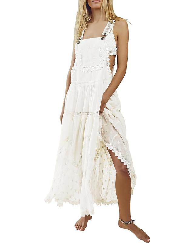 Ebossy Women's Basic Minimalist Sleeveless Laced Embroidered Tulle Bib Dress Casual Loose Adjustable Straps Maxi Dress Womenswear Boho Style