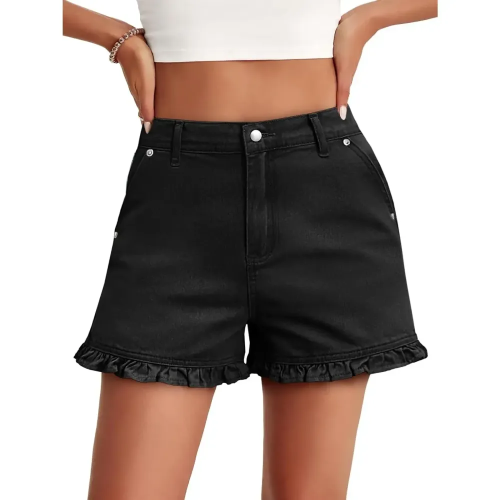 Womens Summer Ruffle Denim Shorts Cute High Waisted Cotton Short Jeans with Pockets