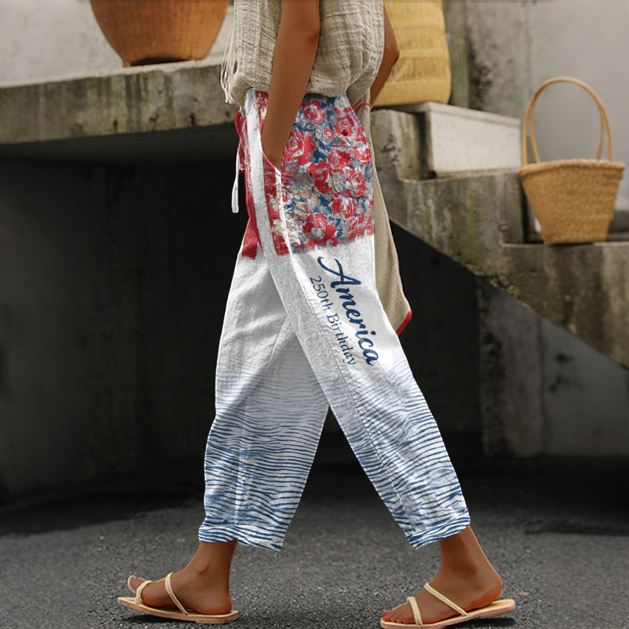 Women'S American Flag Independence Day Celebration Printed Cotton And Hemp Casual Pants