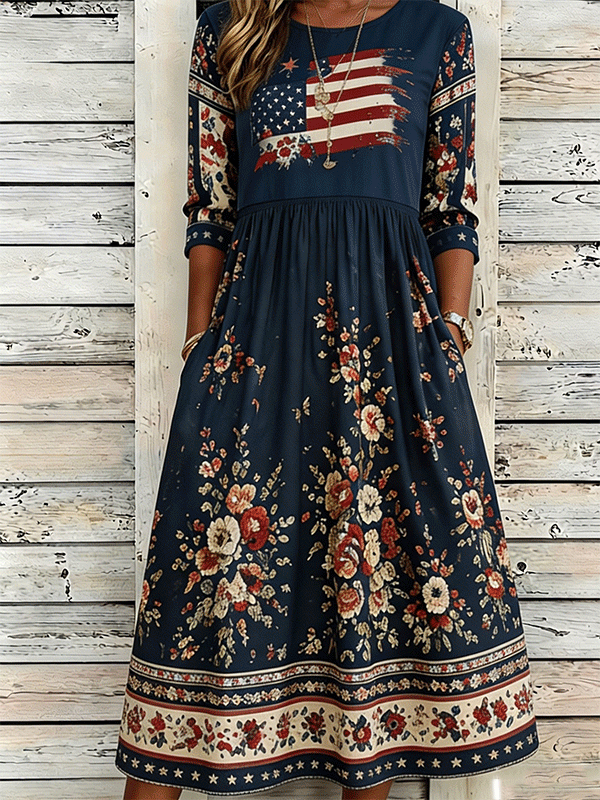 Women's Vintage American Flag Floral Print Midi Dress
