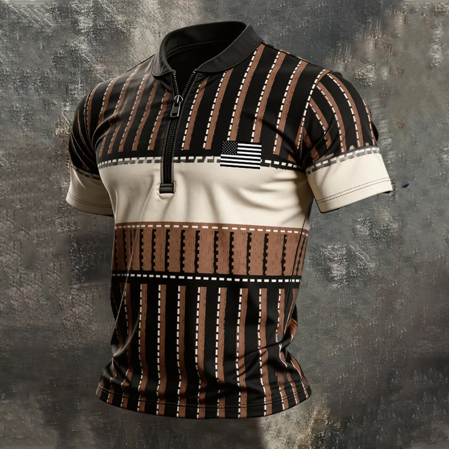 Men'S Retro American Flag Zipper Short Sleeve Polo Shirt