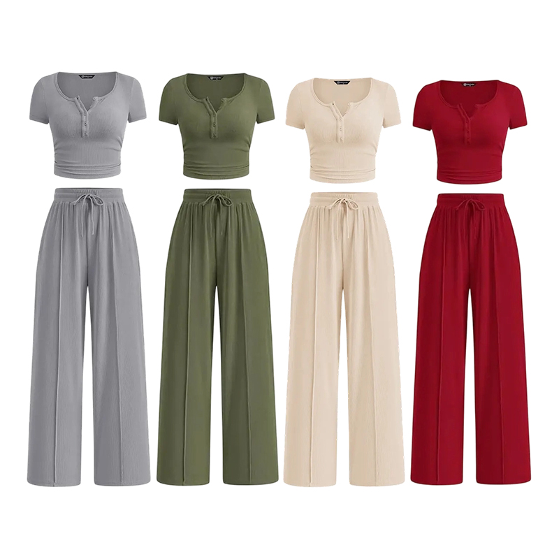 Women's Ribbed Crop Top & Wide Leg Pants Lounge Set