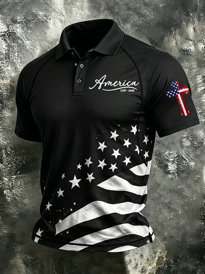 Men'S Retro 1776-2026 American Founding Celebration Printed Shoulder Collar Polo Shirt