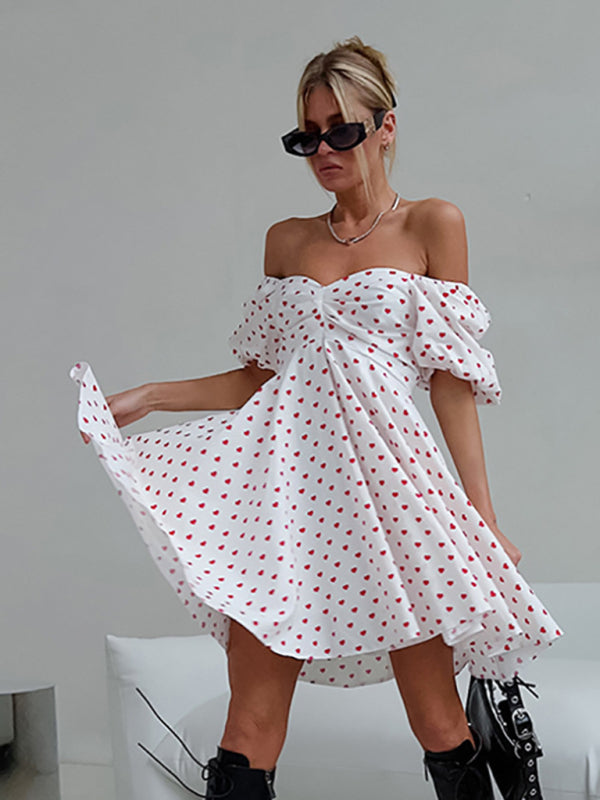 French Love Print One-Neck Short-Sleeved Puff Sleeve A-Line Skirt