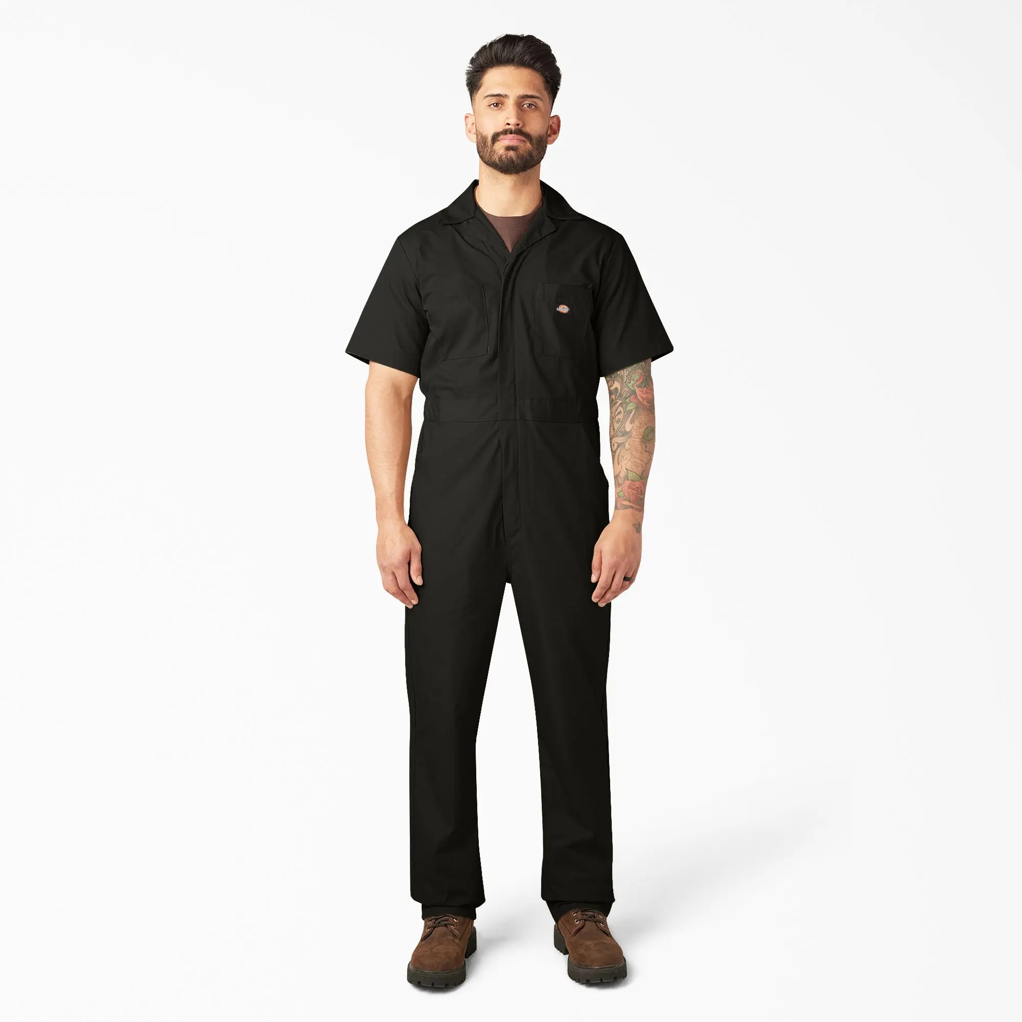 Men's short-sleeved work coveralls, designed to be worn over everyday clothing.