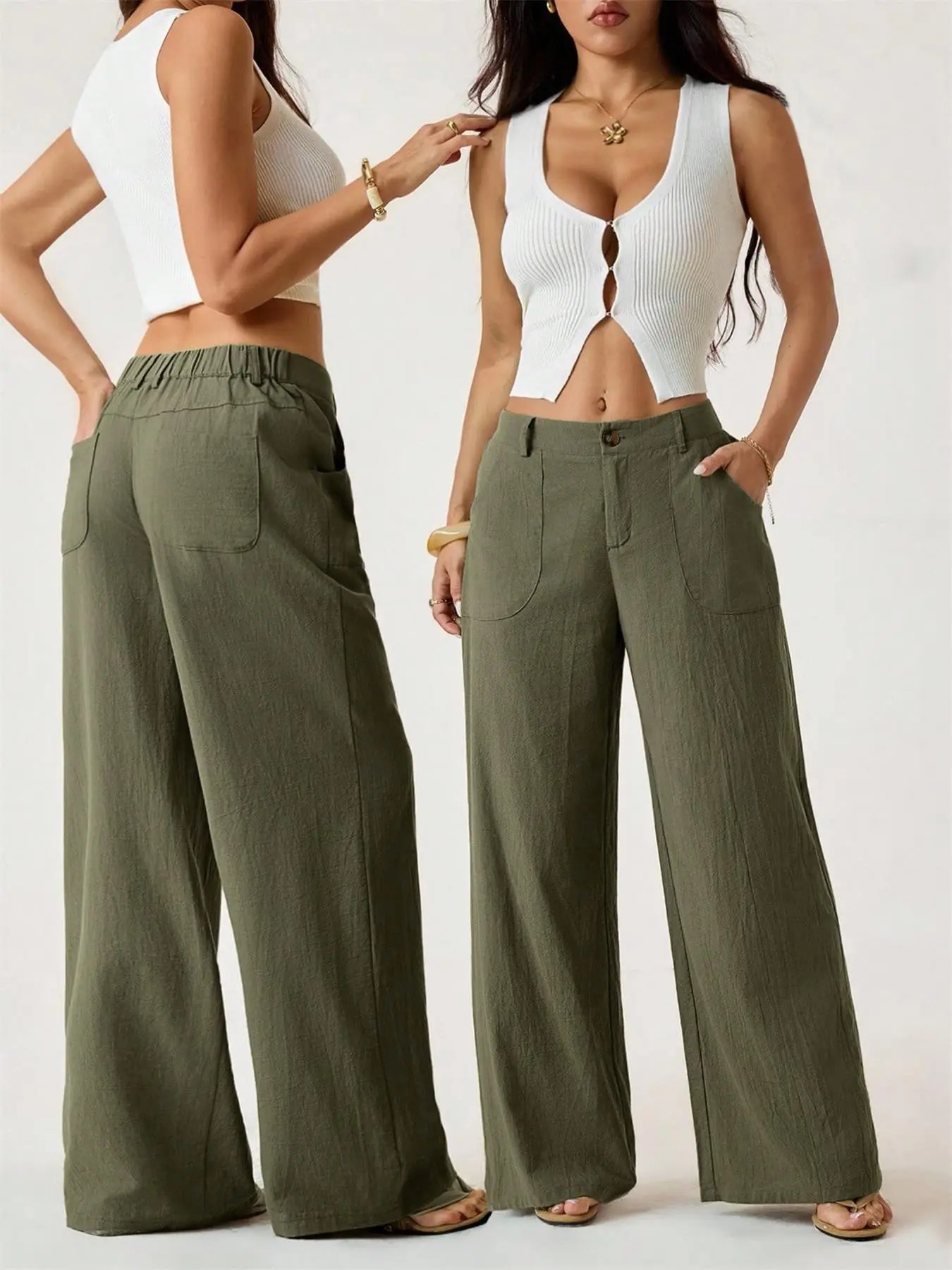 Women's Classical Linen Palazzo Pants Summer Flowy Wide Straight Leg Beach Trousers With Pocket