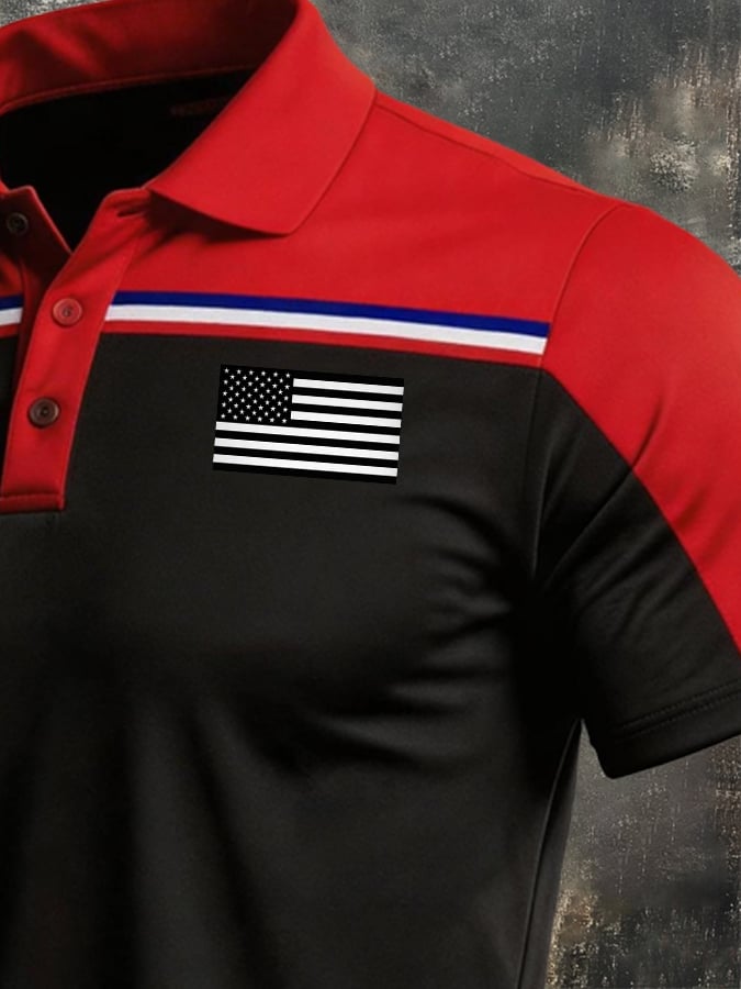 Men's Retro Patriotic Color-Block Short-Sleeve Polo Shirt