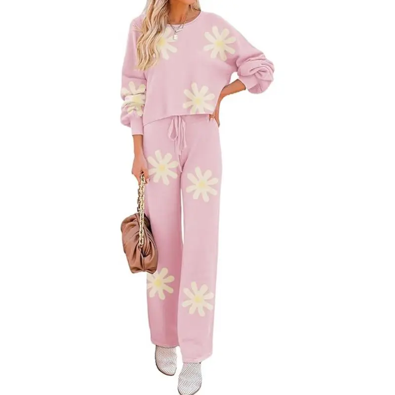 Womens Fall Winter Casual Solid Knitted 2 Piece Sets Long Sleeve Hoodie