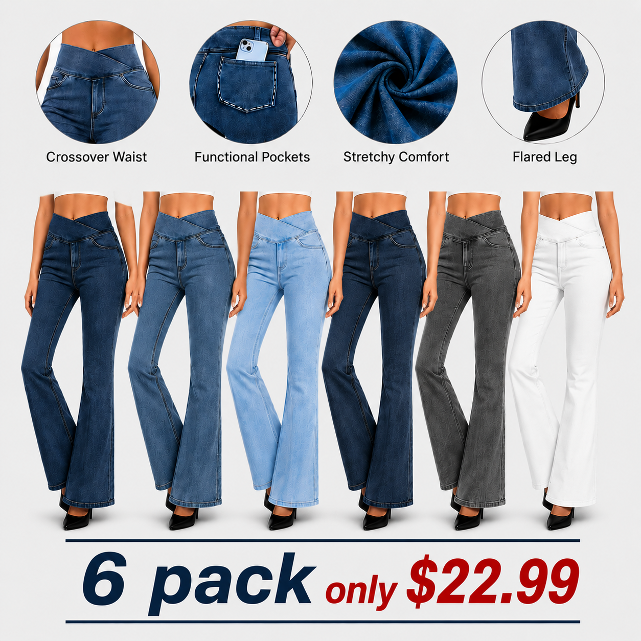 Women's High-Waisted Stretch Jeans with Crossover Design — Slim-Fit Flared Denim Leggings