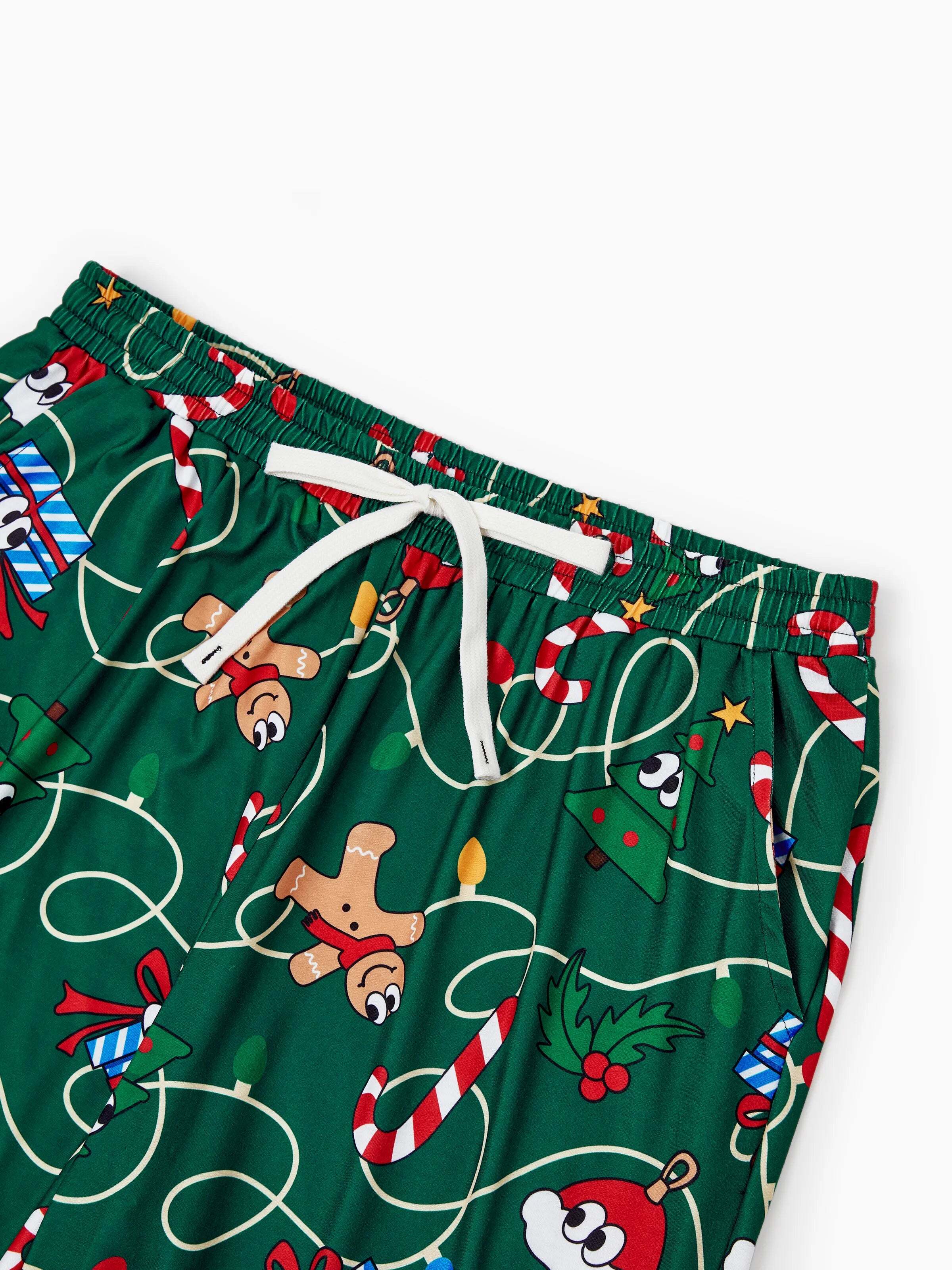 Christmas Matching Family Pajamas Set Gingerbread and Christmas Tree Green and White PJS with Christmas Socks Dark Green