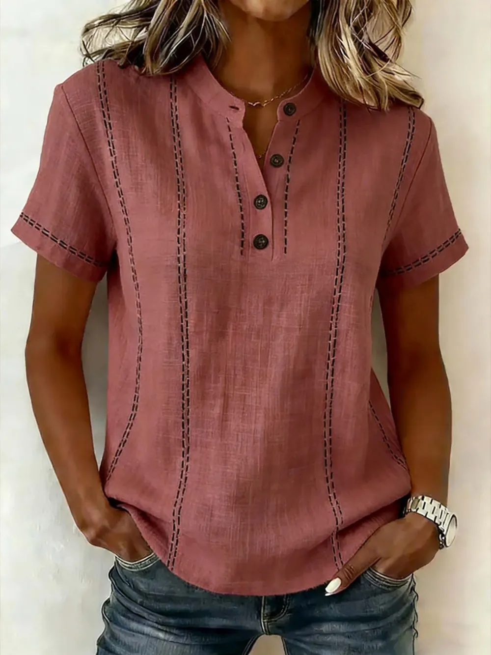 Women's V-neck Short-sleeve Casual Loose Cotton-linen Top
