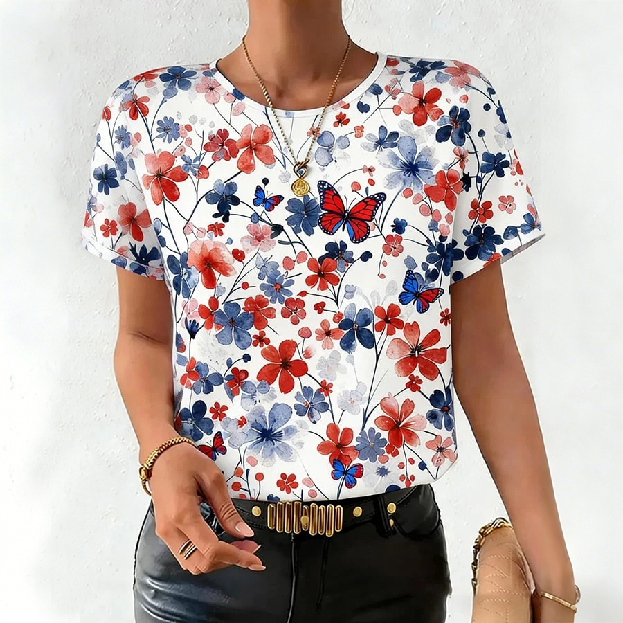 Women'S Casual Floral 250Th Anniversary Celebration Printed Round Neck T-Shirt In The United States
