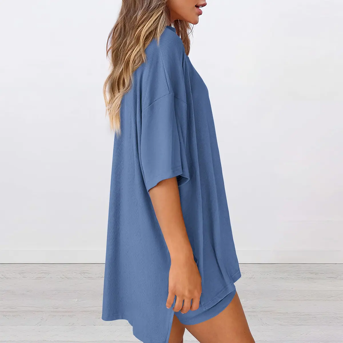 Two-Piece Set For Women Summer Casual Oversized Split Hem Shirts & Side Pocket Biker Shorts