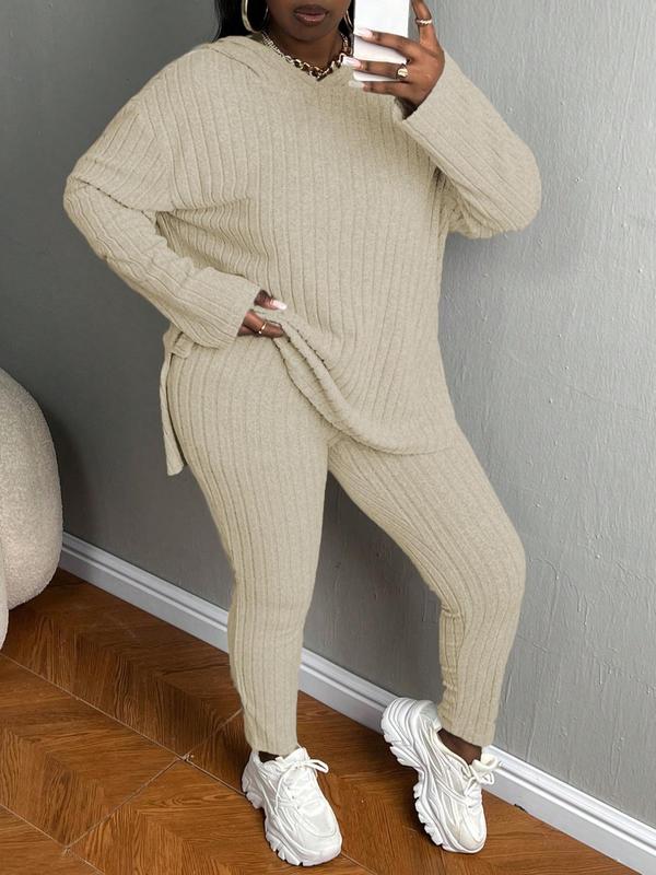 [Plus Size]Women's Two-Piece Set Solid Textured Ribbed Drop Shoulder Hoodie & Elastic Waist Pants, Casual Fashion Cozy Ribbed Outfits