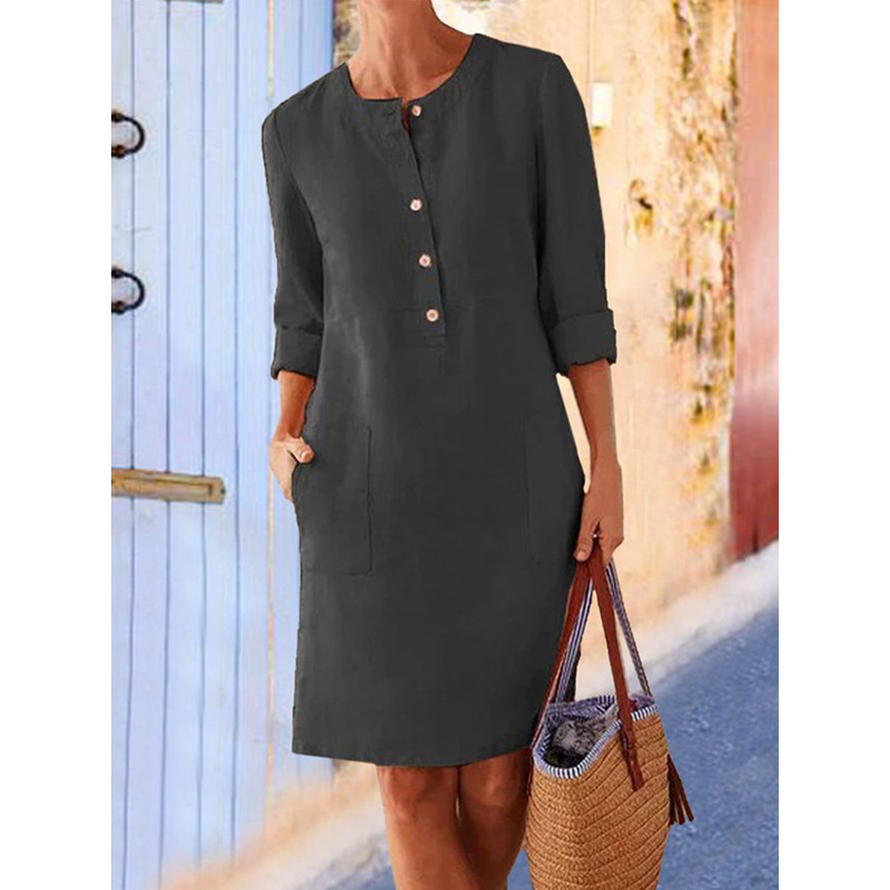 Spring NEW round Neck Solid Color Long Sleeve Dress