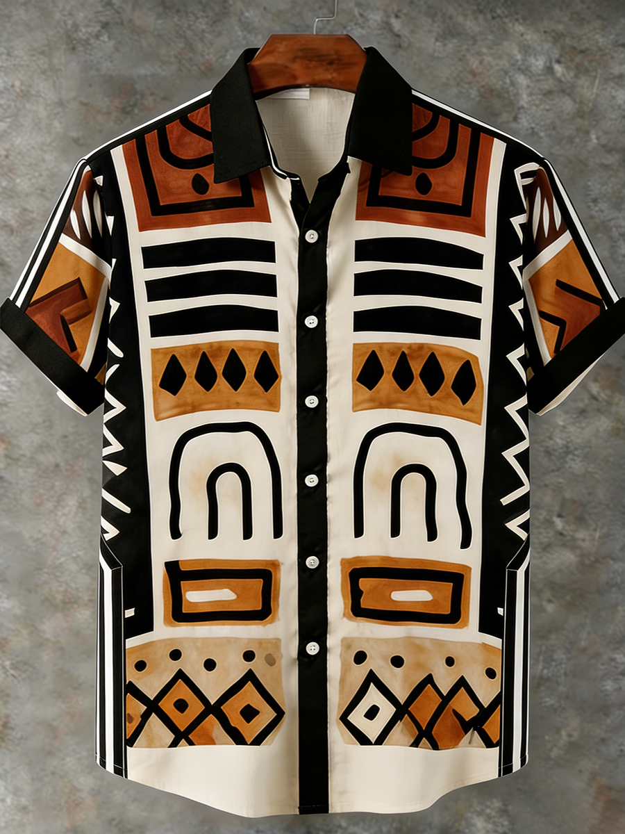 Abstract African Tribal Geometric Art Print Casual 100% Cotton Shirt