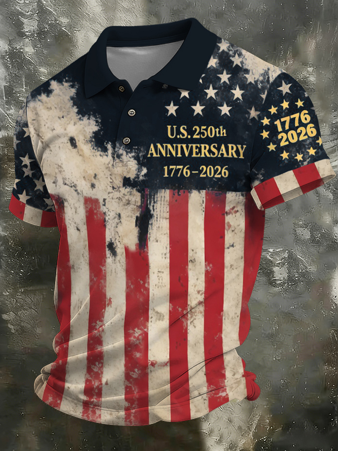 Men'S Independence Day Retro Casual Printed Polo Shirt Short Sleeve
