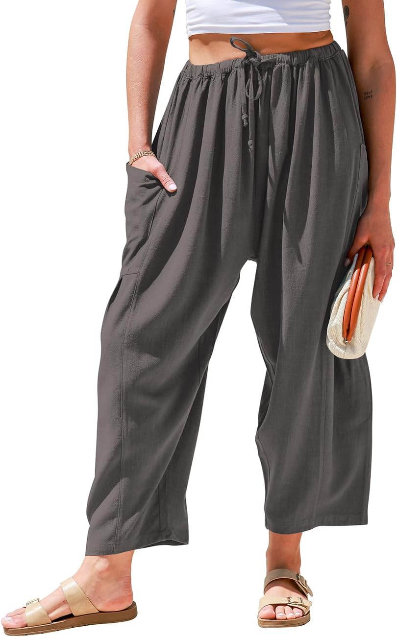 Womens Linen Wide Leg Pants Casual Loose Drawstring Summer Beach Travel Vacation Palazzo Harem Pants with Pockets