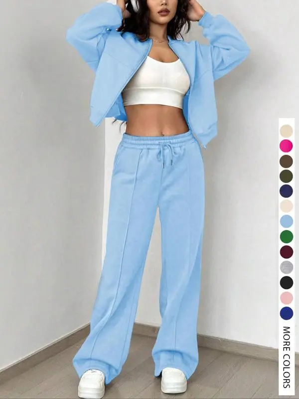 🔥Two-piece Set Women's Solid Zip Up Drop Shoulder Jacket & Pocket Elastic Waist Pants, Casual Fashion Cozy Breathable Two Piece Outfits for Daily Outdoor Wear, Ladies Clothes for All Seasons