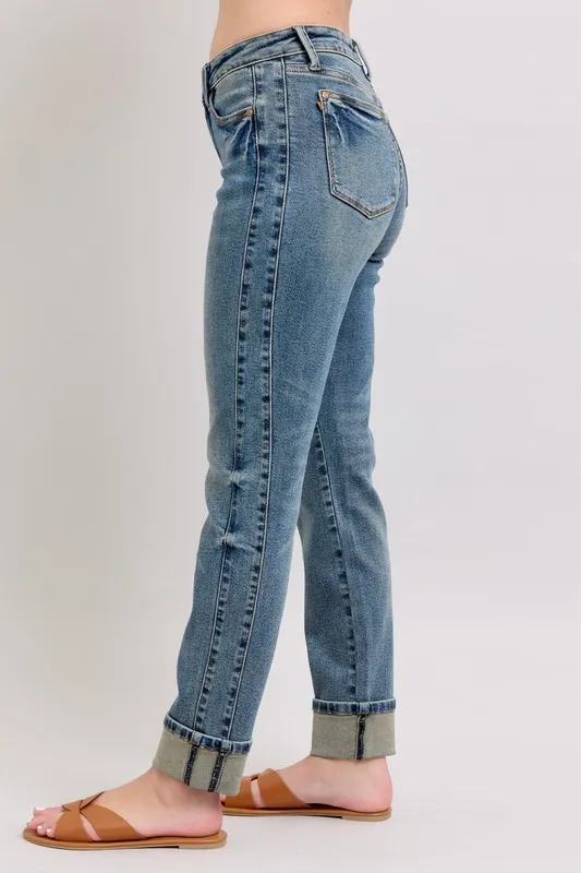 Blue Full Size Mid Rise Vintage Wash Double Roll Cuff Boyfriend Jeans Plus Size