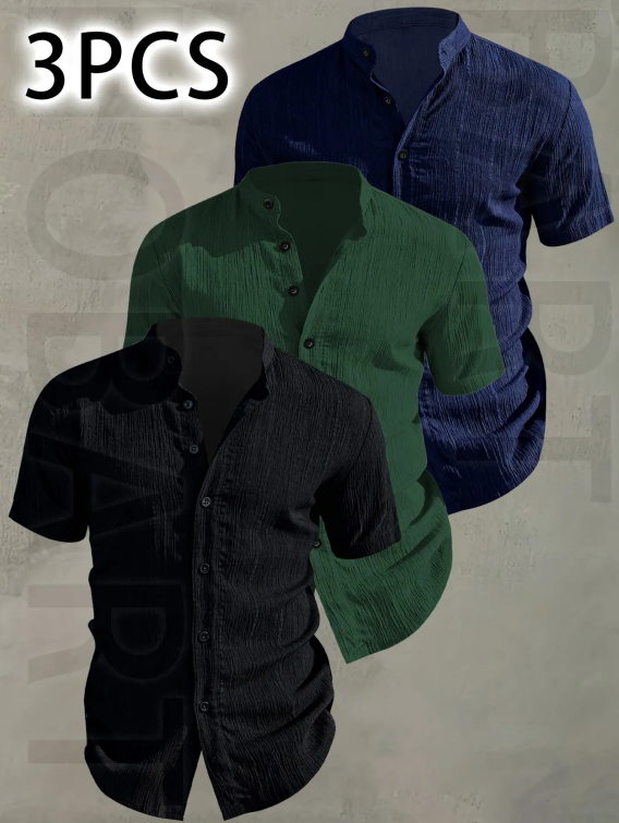 Men's Summer Short Sleeve Shirt - Lightweight Breathable Solid Color Button-Up Casual Shirt
