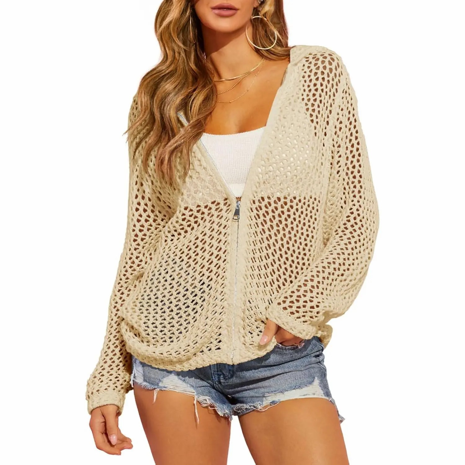 Women's Crochet Lightweight Cardigan – Zip Up Hooded Mesh Beach Cover Up