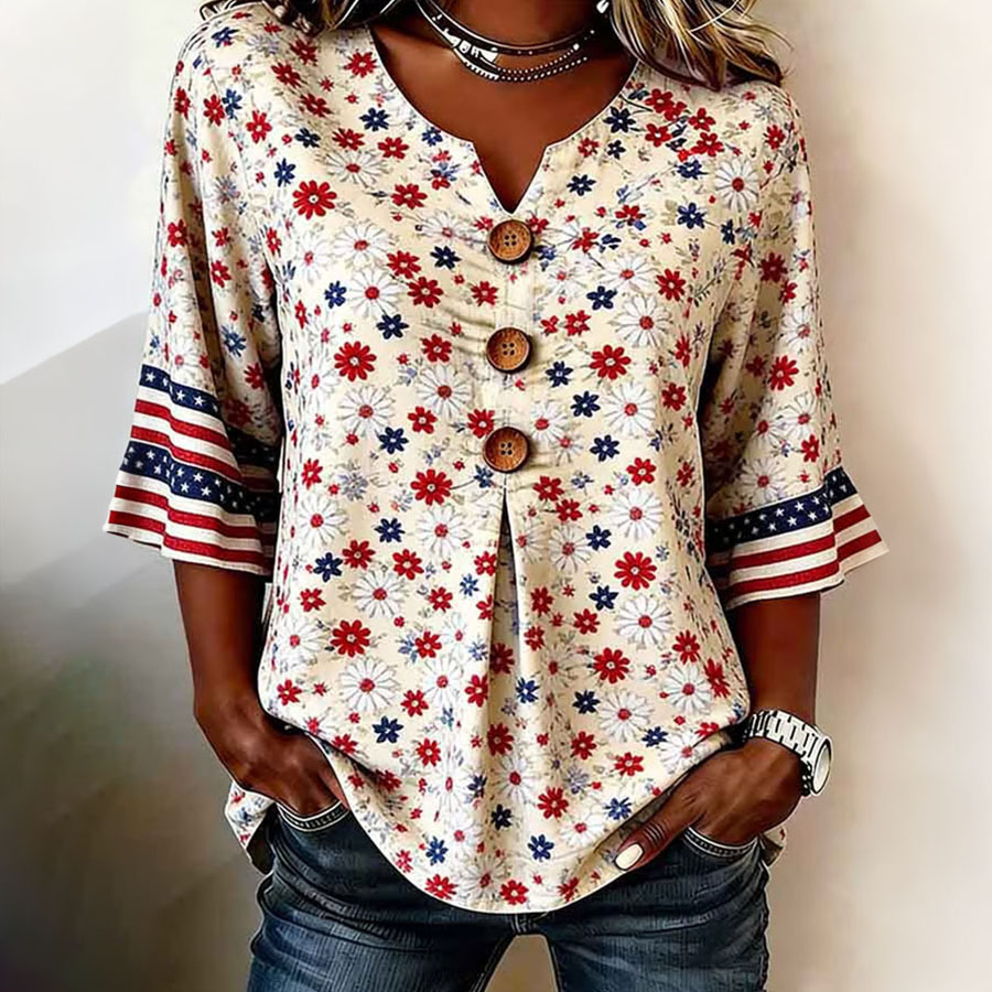 Women's Independence Day 250th Anniversary Commemorative Flag Flower Art Retro Printed Casual Top
