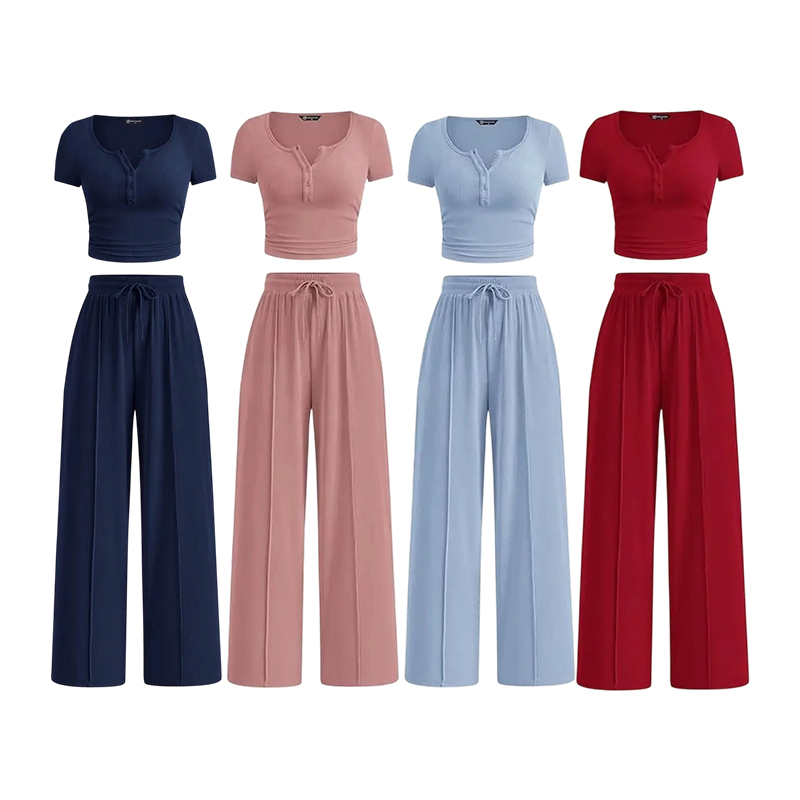 Women's Ribbed Crop Top & Wide Leg Pants Lounge Set