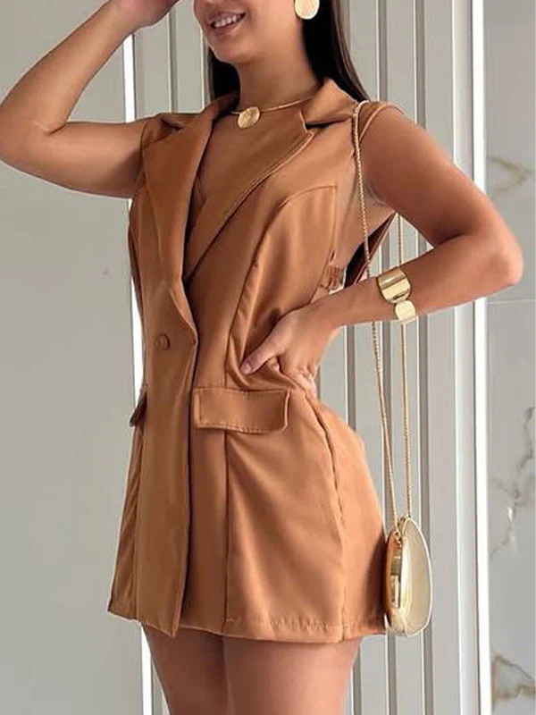 Women's Lapel Hollow Top + Shorts Set