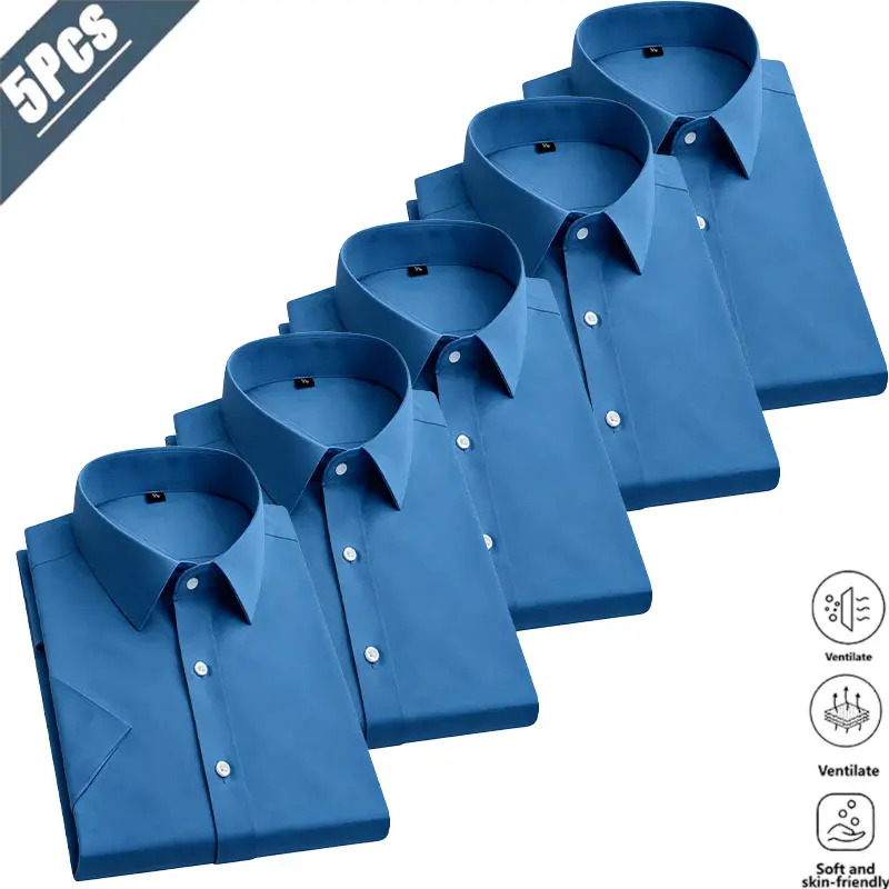 Men's Solid-Color Dress Shirts (5-Pack) — Crafted from skin-friendly, breathable, and wrinkle-resistant, non-iron fabric