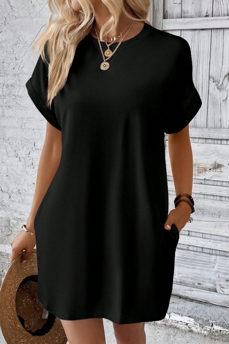 Casual Minimalist Round Neck Roll Up Sleeve Dress