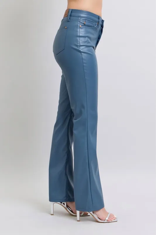Blue Full Size High Waist Tummy Control Faux Leather Bootcut Pants Plus Size