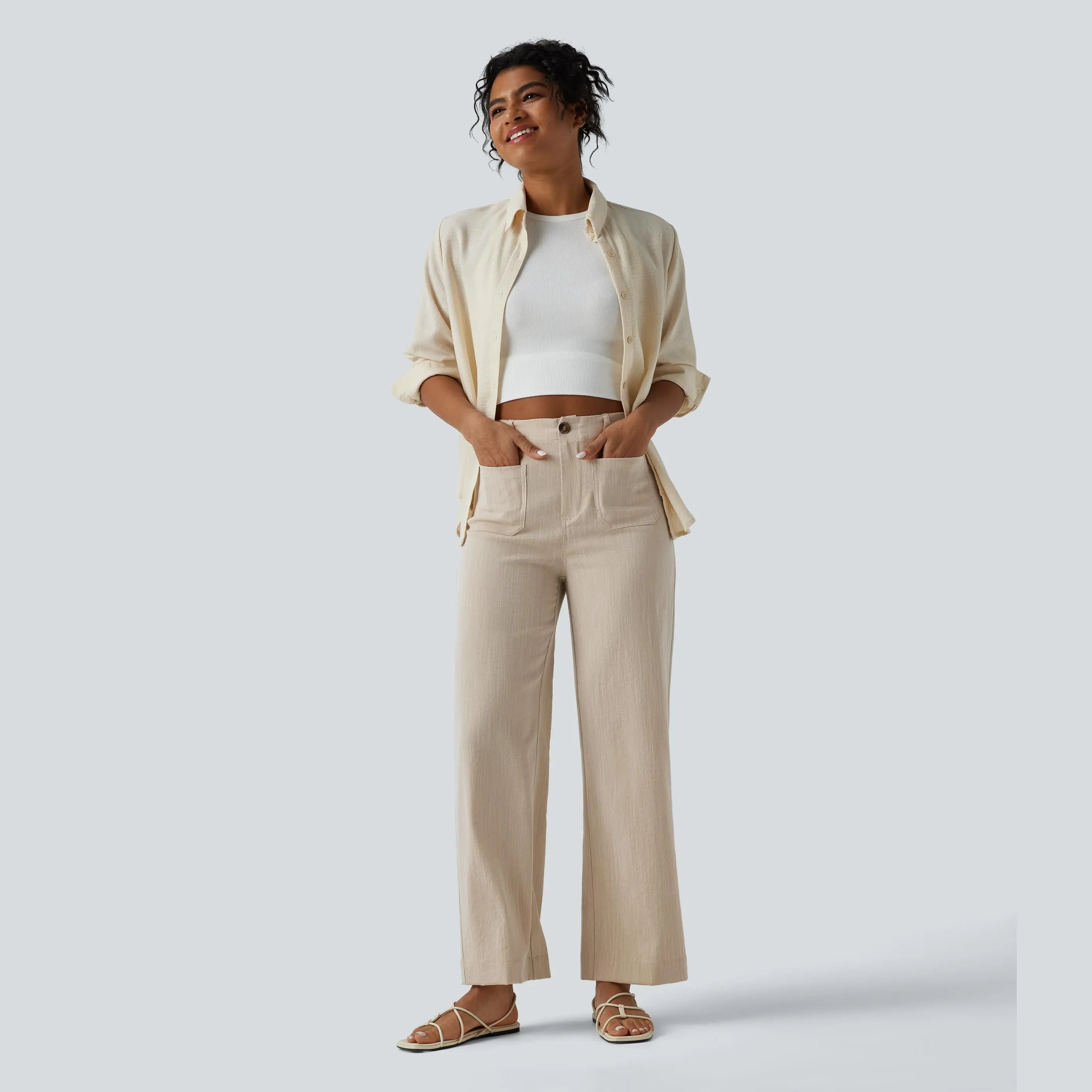 High-waisted straight-leg casual trousers with a linen-like texture