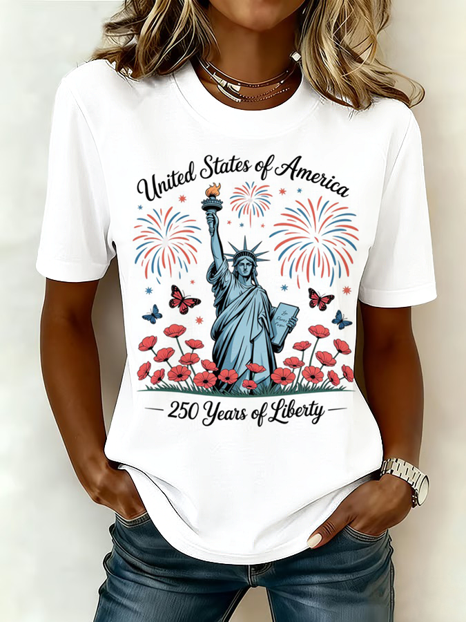 Ladies' Casual American Celebration Statue Of Liberty Printed Round Neck T-Shirt