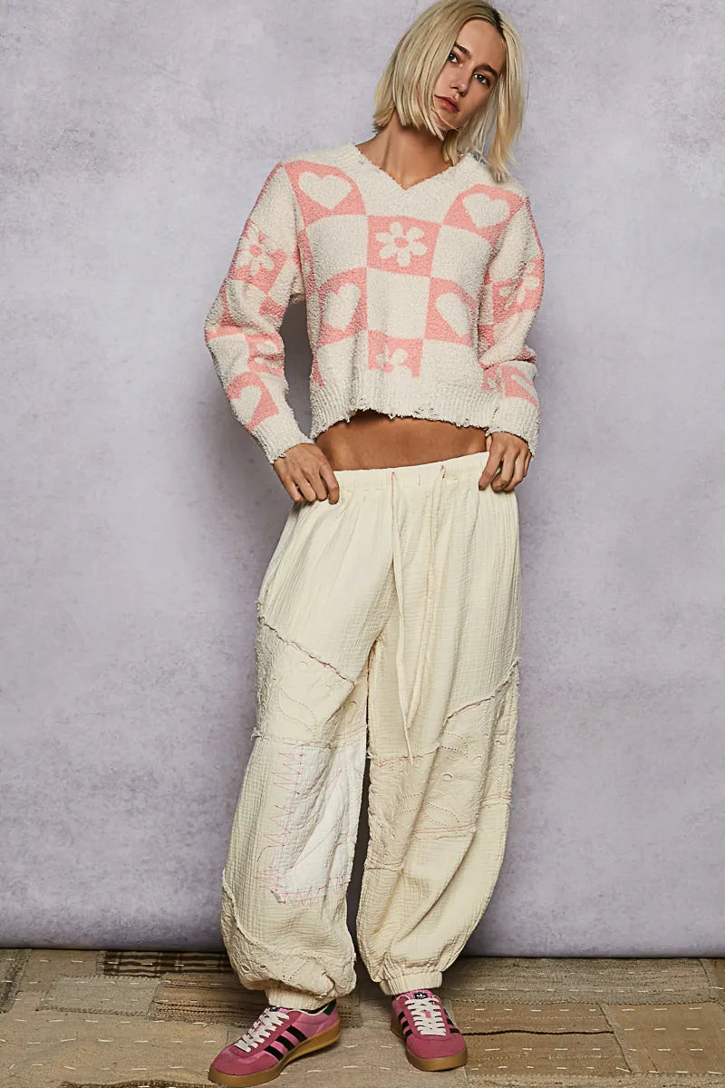 V-Neck Heart Pattern Checkered Sweater
