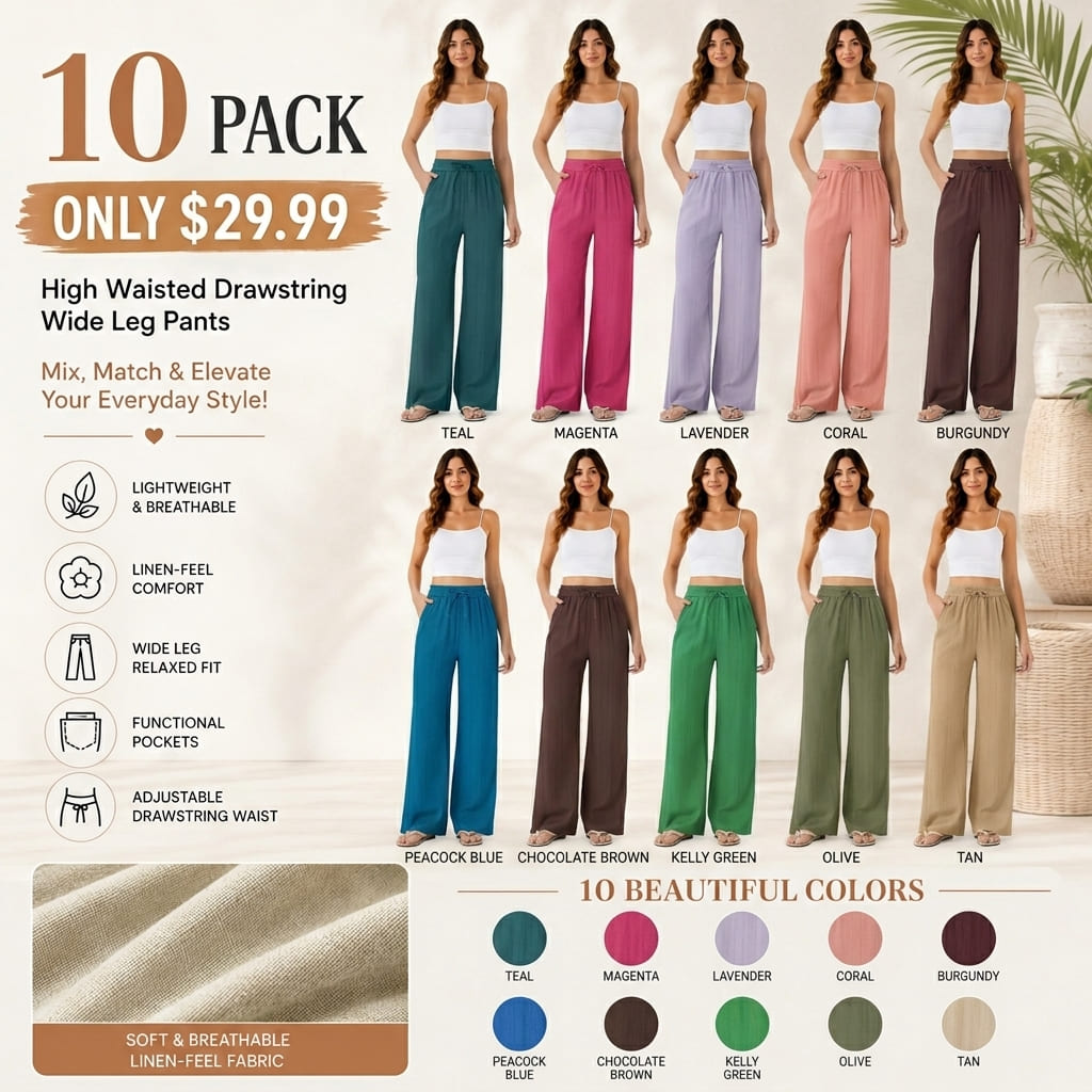 High Waisted Drawstring Wide Leg Casual Pants